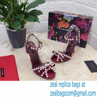 Dolce  &  Gabbana Heel 10.5cm Satin Sandals Burgundy with Pearl Application 2021